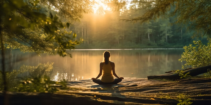 sitzende Yoga Pose r&uuml;cklings mit Blick auf Berge, Wasser und B&auml;ume KI