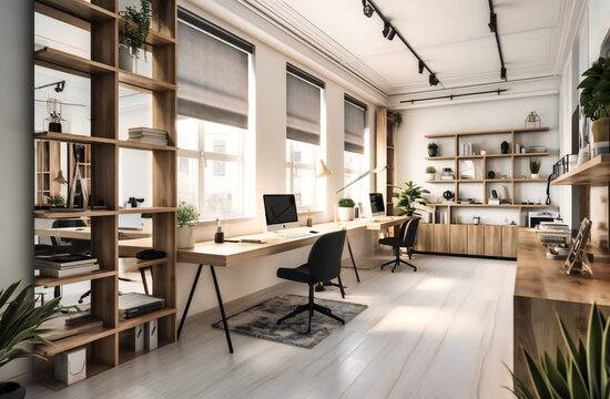 modern office with white walls and wooden desks