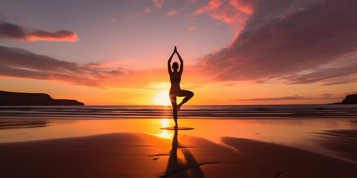 stehende Yoga-Pose vor Sonnenuntergang als Silhouette am Strand KI