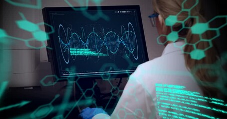 Animation of molecule structure, computer language, female researcher examining dna helix on desktop - Powered by Adobe