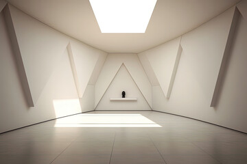 Empty room with geometrically shaped walls and minimalist decor. Generative AI