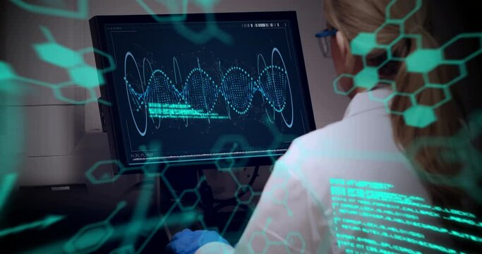 Animation of molecule structure, computer language, female researcher examining dna helix on desktop
