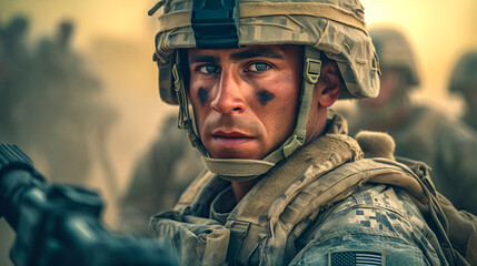 An American military man in a helmet and military equipment with a patch of the US flag. Cinematic view of a person. Generative Ai