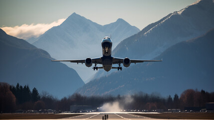 Fototapeta na wymiar as a passenger aircraft take off from the runway of the airport, with the majestic mountain system serving as a breathtaking backdrop, Generative AI