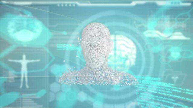Animation of dots forming human face over brains and human representations on blue background