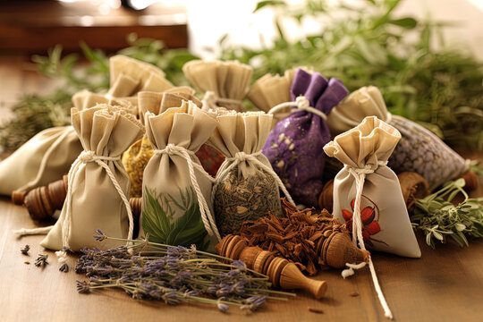 Herbal sachets on a table with a selection of plants including lavender, rosemary and sage
