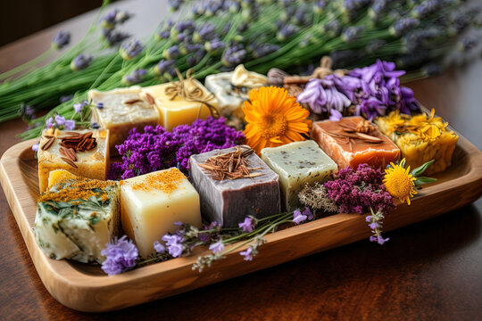 Wooden tray with herbal soap surrounded by dried flowers such as lavender, chamomile and calendula