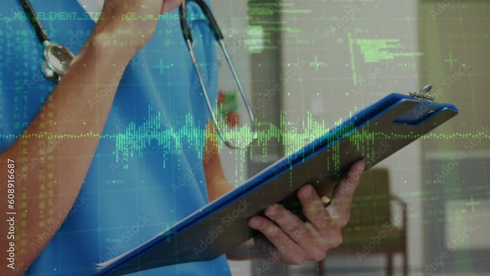 Poster animation of soundwaves and coding over midsection of caucasian doctor writing in medical report