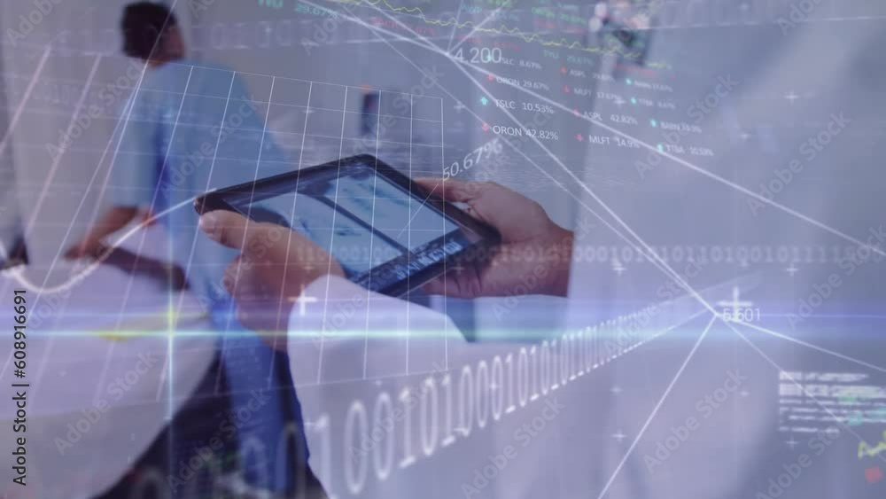 Poster animation of coding, graphs, data over midsection of caucasian doctor analyzing x-ray in tablet