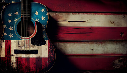 Acoustic guitar on a faded red white and blue wood background. 4th of july. American flag concept. American flag for Memorial Day, white graves, 4th of July, Labour Day. Ai generated image - obrazy, fototapety, plakaty
