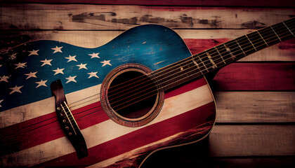 Acoustic guitar on a faded red white and blue wood background. 4th of july. American flag concept. American flag for Memorial Day, white graves, 4th of July, Labour Day. Ai generated image