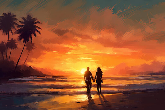 Illustration with couple in love walking on the beach in a beautiful romantic sunset or sunrise