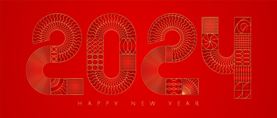 Fototapeta premium Gold 2024. Gold red luxury abstract geometry new year card.