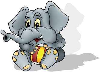 Cute Gray Elephant Sitting on the Ground and Holding Colorful Beach Ball