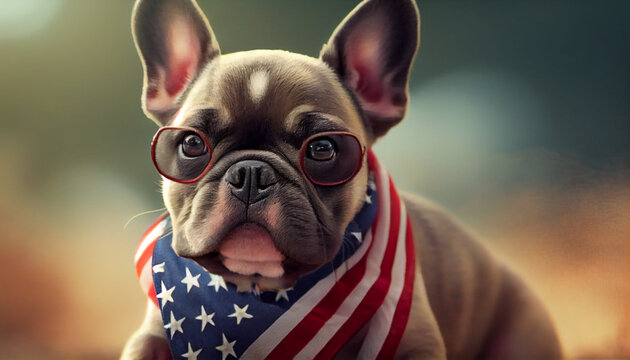 Adorable French bulldog puppy celebrating the 4th of july. US American flag background. American flag for Memorial Day, white graves, 4th of July, Labour Day. Ai generated image