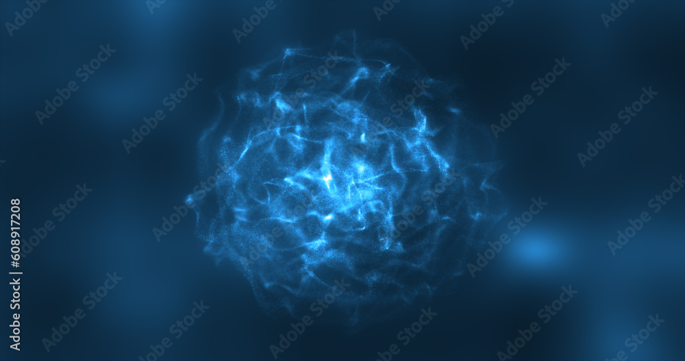 Poster Abstract blue energy round sphere glowing with particle waves hi-tech digital magic abstract background
