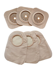 Two piece ostomy appliance including flange, pouch isolated a transparent background.