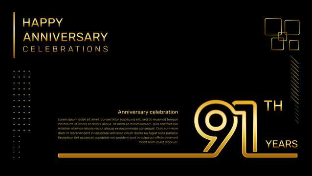 91 year anniversary template with gold color number and text, vector template