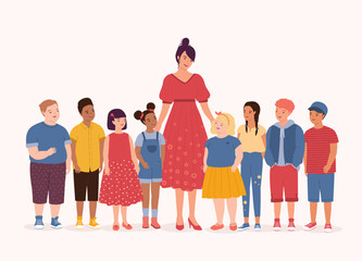 One Smiling Female Teacher And A Racial Diversity Group Of Happy Kids With Different Skin Tones, Hair Styles And Body Sizes Standing Together. Full Length. Flat Design Style, Character, Cartoon.