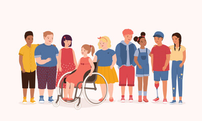 Obraz premium Smiling Racial Diversity Group Of Kids With Different Skin Tones, Hair Styles And Body Sizes Making Friends With Special Needs Children In Wheelchair And Prosthetic Leg. Full Length.