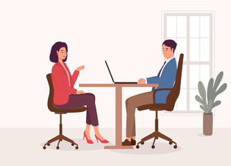 Side View Of Smiling Woman Candidate Having A Job Interview With A Hiring Manager At Office. Full Length. Flat Design Style, Character, Cartoon.