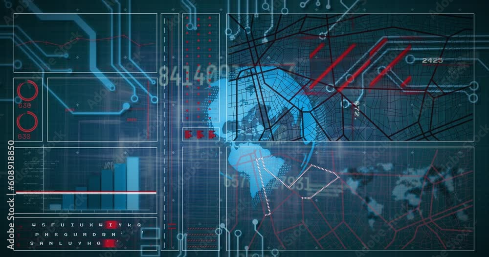 Poster animation of graph, map, changing numbers, map, circuit board pattern over globe on blue background