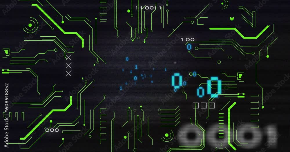 Poster animation of looping binary codes over circuit board pattern against black background