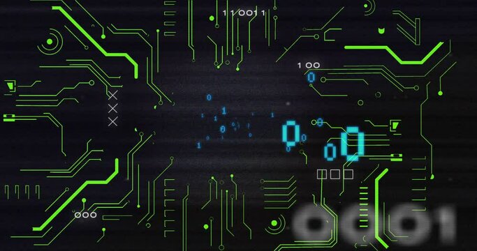 Animation of looping binary codes over circuit board pattern against black background