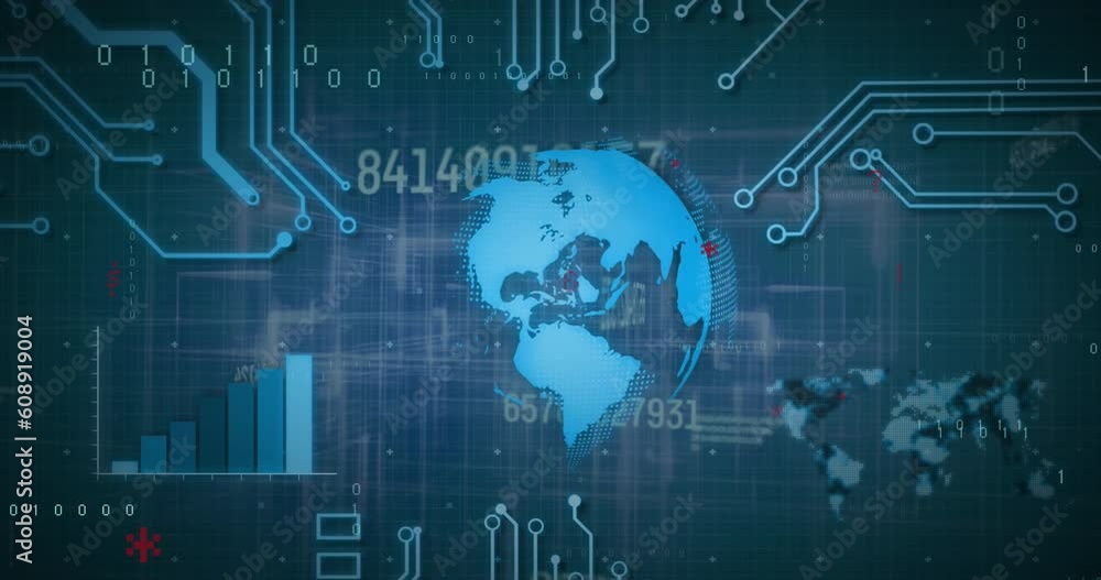 Poster animation of graph, map, changing numbers, map, circuit board pattern over globe on blue background