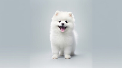 Fototapeta premium A cute dog with black eyes sits on a gray background. Generative AI