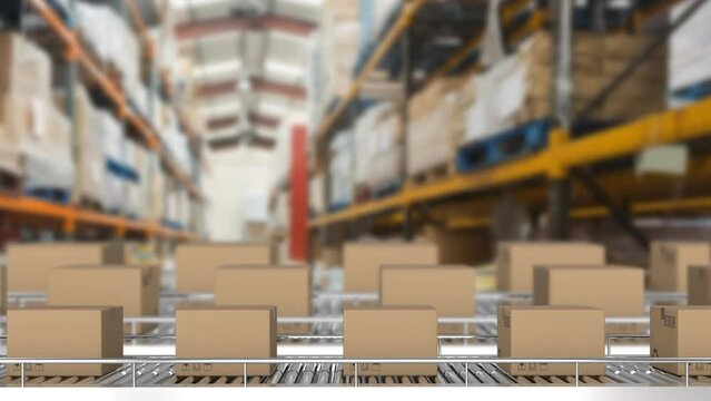 Animation of cardboard boxes moving on conveyor belt over shelfves in warehouse