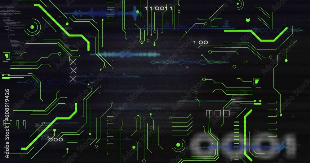 Poster animation of circuit board pattern and x symbol over binary codes and computer language