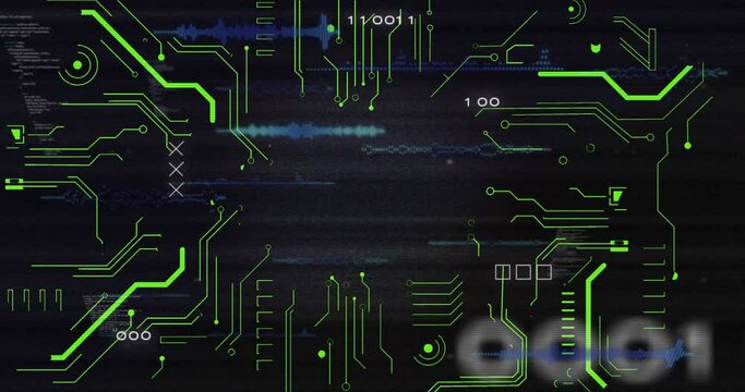 Animation of circuit board pattern and x symbol over binary codes and computer language