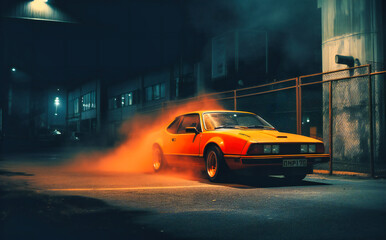 a photo of a orange car smoking smoke