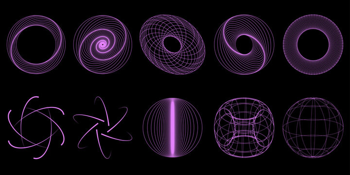 Collection of Neon Lowpoly 3D Shapes of Platonic Solids. Polygonal Shapes Basic Linear Figures. Vector Illustration. Graphic Shapes for Retrowave Synthwave Style Graphic Design on the Black Background
