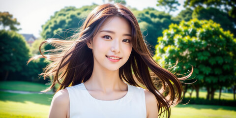 笑顔でカメラ目線のロングヘアの日本人女性(モデル美女)