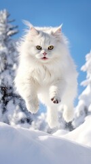 Naklejka na ściany i meble jumping white cat on snow made with generative ai