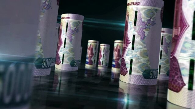 Uzbekistan money Uzbek Sum rolls loop 3d animation. Money on the table. Seamless and loopable abstract concept of economy, finance, business and recession. Camera between UZS rolled banknotes.