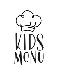 Kids menu. Logo for banner, flyer, poster design. Meal menu vector template. Kids food concept. Cute colorful illustration. Children nutrition logo symbol. Funny label kids food menu.