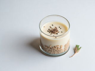 Dessert panna cotta in a glass on a white background. AI generated.
