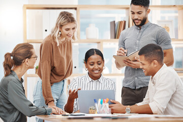 Laptop, coaching and a business woman talking to her team in the boardroom for planning or strategy. Collaboration, meeting and presentation with a female employee training an employee group at work