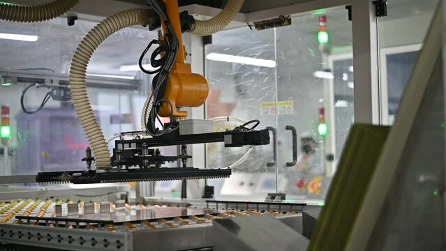 Conveyer machine and robot in factory for line product PCB Board support in electronic product technology