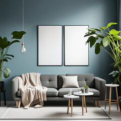 Living Room with Plants and Two Blank Canvas Art| Generative AI