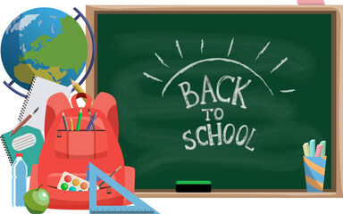 Vector back to school design layout with green chalkboard and school supplies copy space included