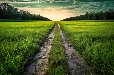 Fototapeta na wymiar a green grassy field behind a green line of a road