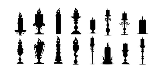 Halloween candles silhouette set isolated on white background. Black spooky candle elements. Vector illustration