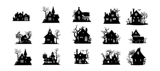 Obraz premium Set of Halloween horror castle or house with bare tree silhouette isolated on white background. Vector illustration