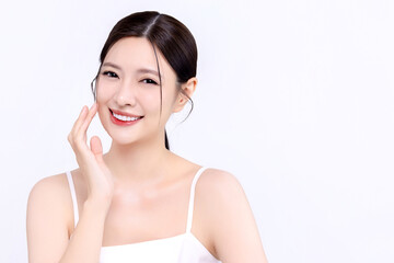 Close up beautiful young Asian woman with clean fresh skin isolated on white background, Face care,...
