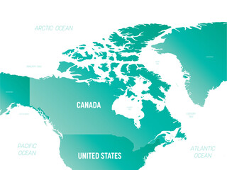 Canada - high detailed political map Canada and neighboring countries with country, ocean and sea names labeling.