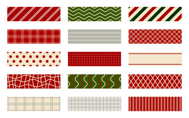 Washi tape adhesive sticky pattern ribbon festive flat set. Red green pastel festive holiday seamless design paper border frame decorative sticker christmas gift decoration scrapbooking item isolated